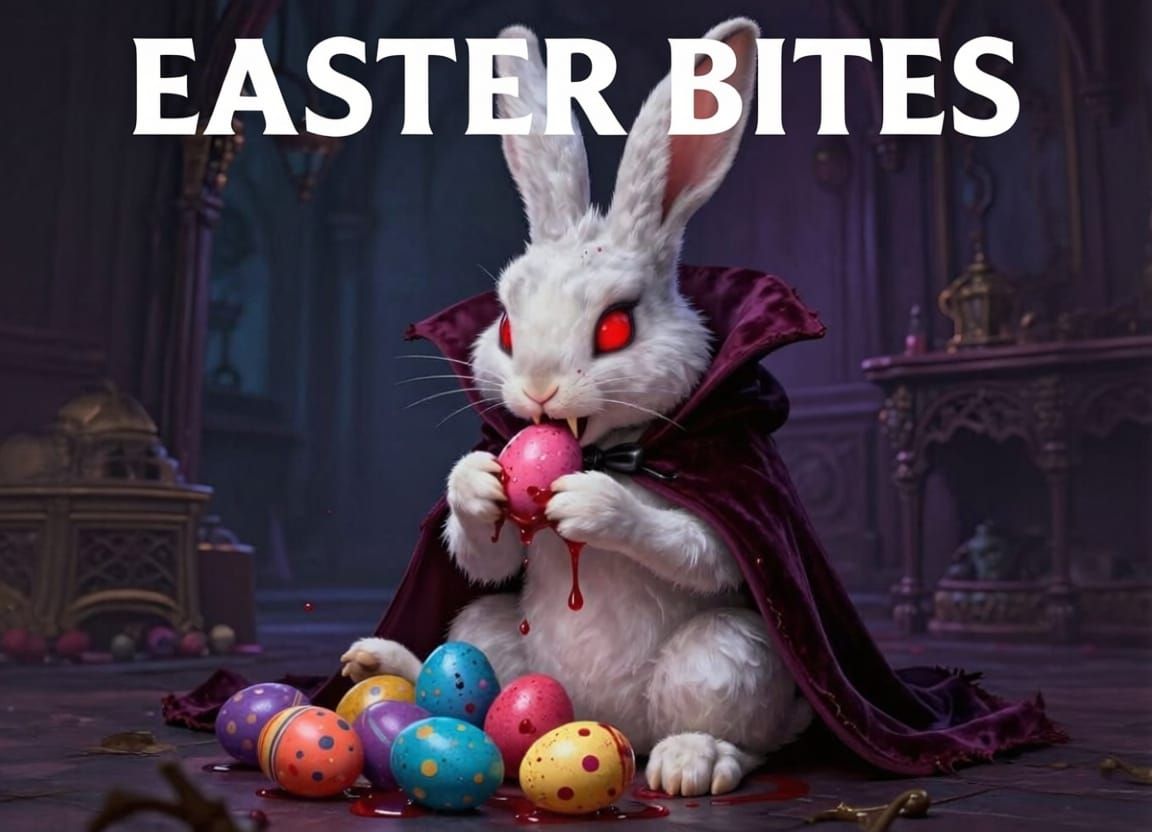 Vampire Bunny Eating Jam-Covered Easter Eggs in Gloomy Room