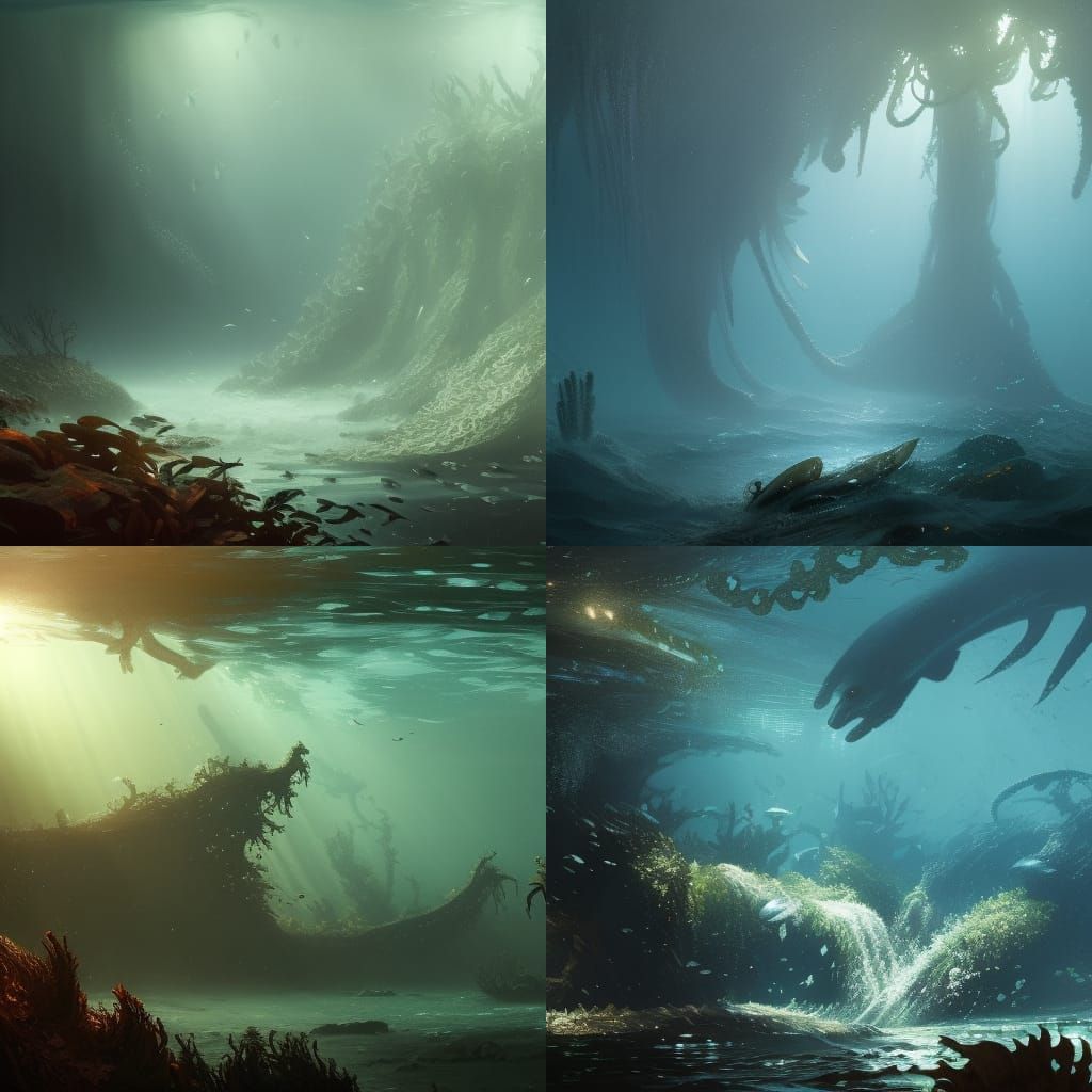 Lush Kelp Forest with Sea Lion in Dark Fantasy Style