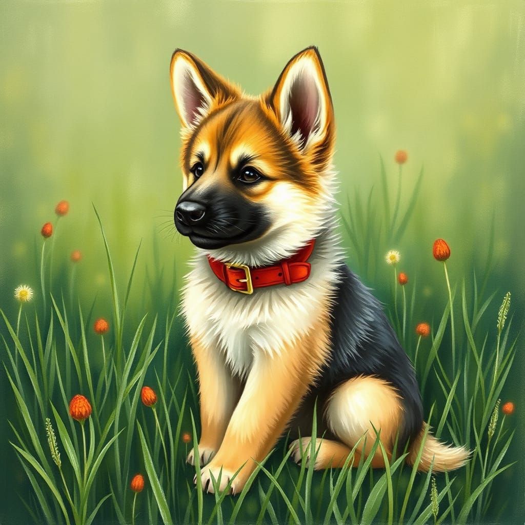 Whimsical German Shepherd Puppy in a Green Meadow