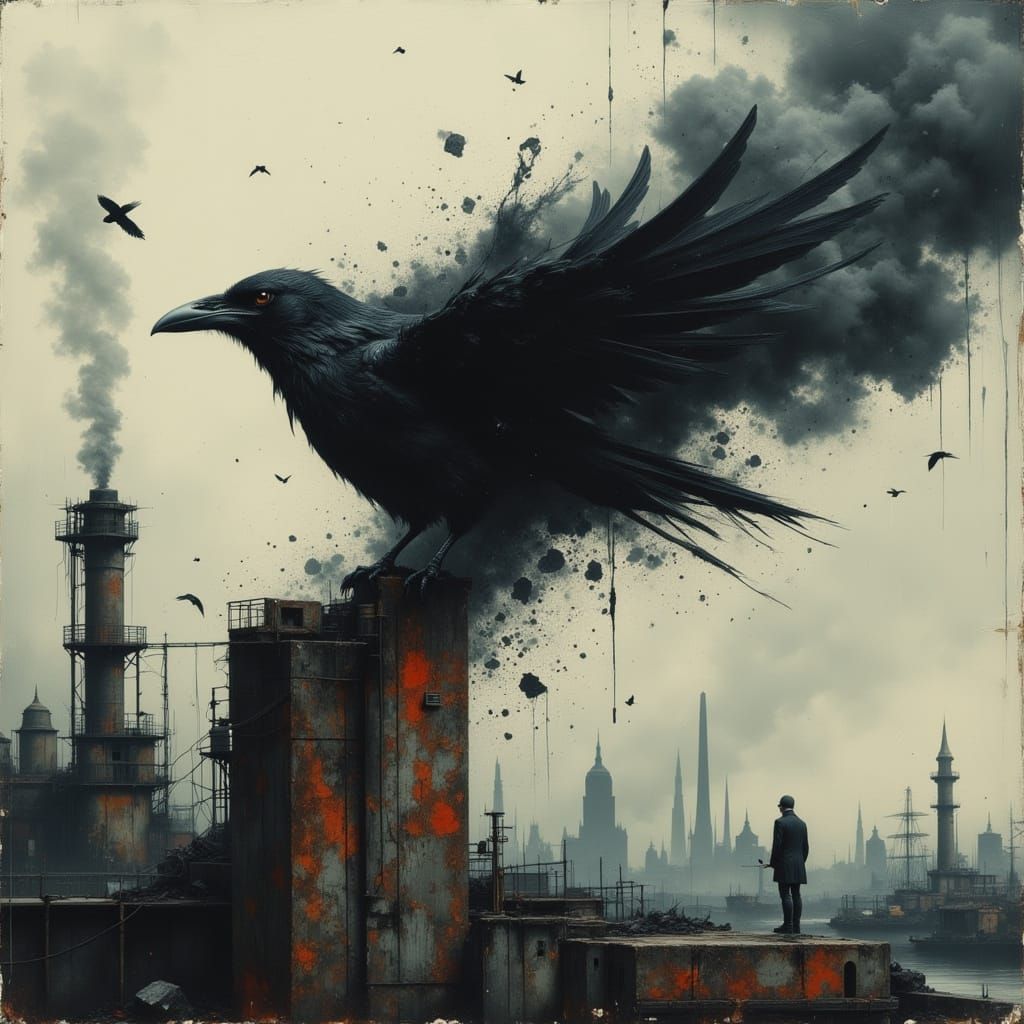 Smokey Raven Rises from Industrial Cityscape