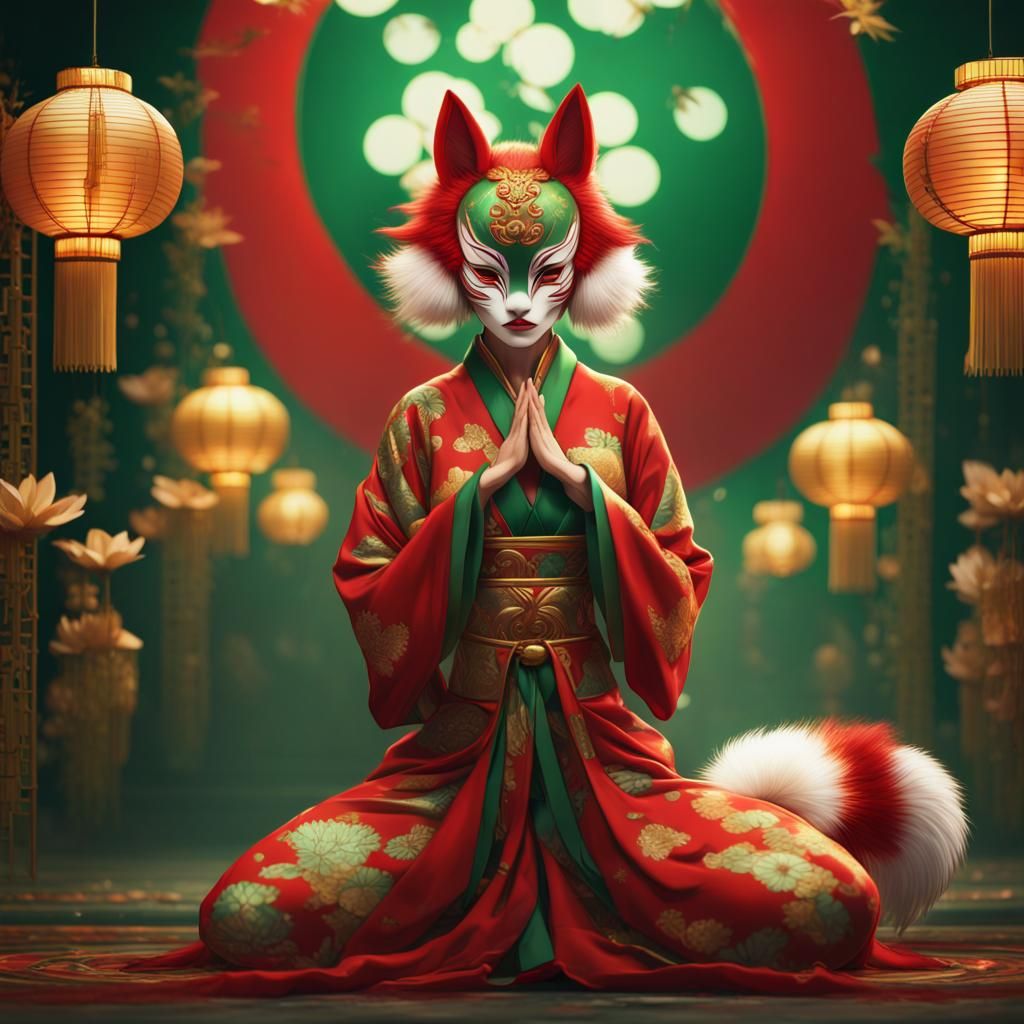 Festive Kabuki Masked Woman Crawling with Fox Tail