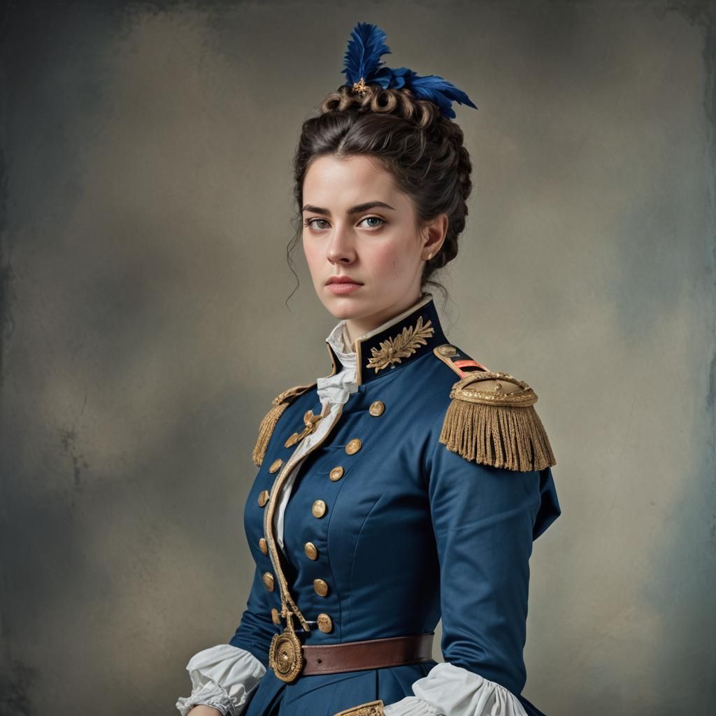 Woman in Blue Napoleonic Military Outfit Portrait