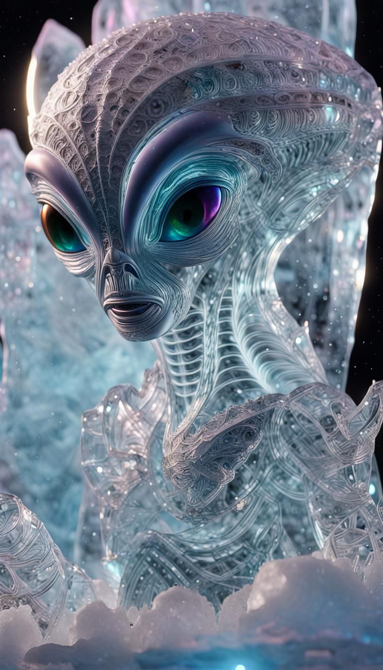 Intricate Ice Carving of an Alien in Ice