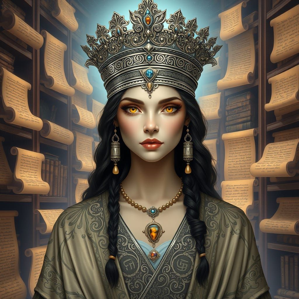 Regal Woman with Script Crown in Art Nouveau Style