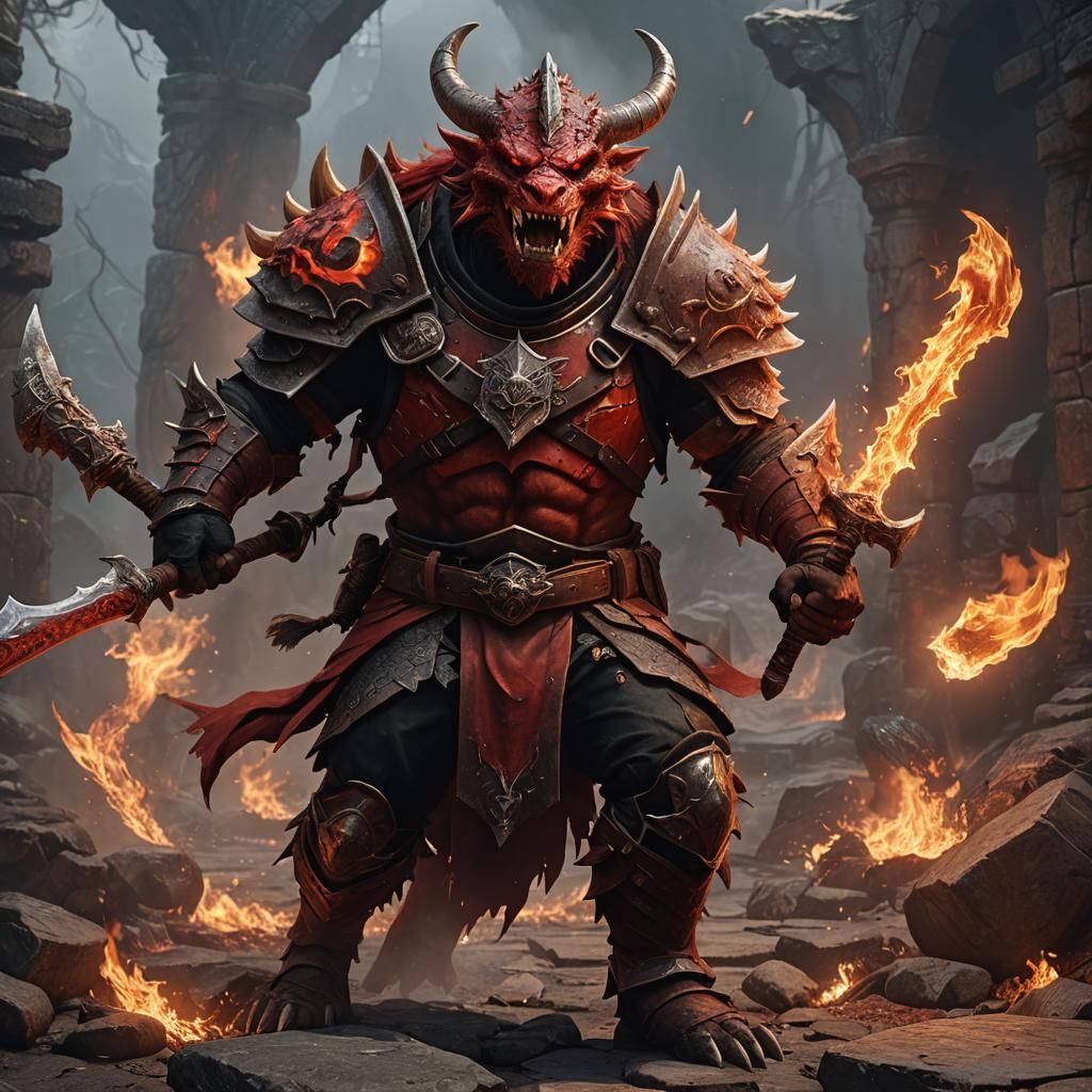 Red Dragonborn Barbarian with Flaming Greataxe