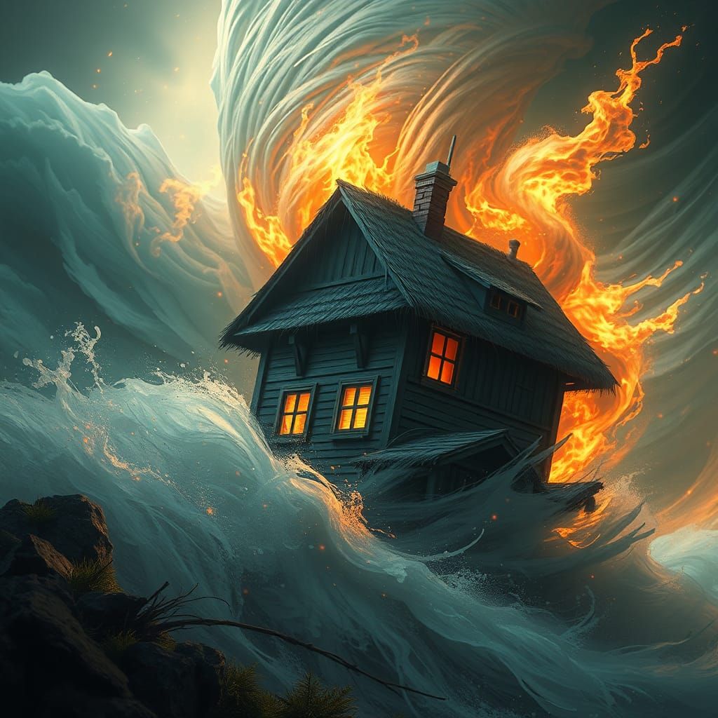 Miniature House Trapped in Tornado, Detailed Concept Art