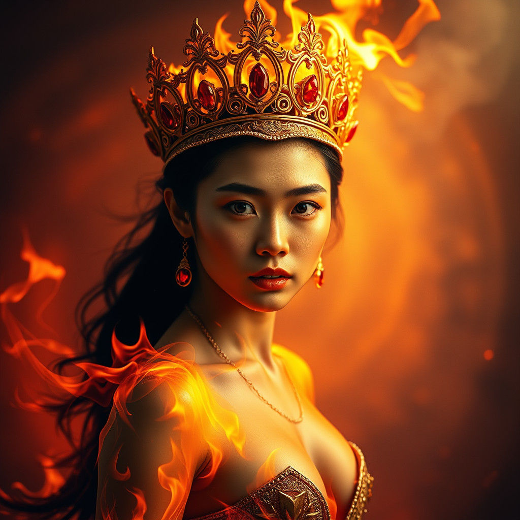 Ethereal Flame: Asian Woman in Art Nouveau Style