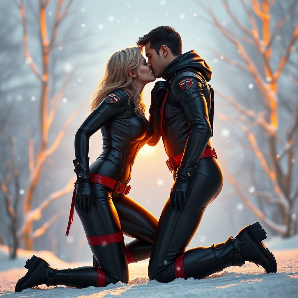 Romantic Winter Scene in Shiny Black Latex Catsuits