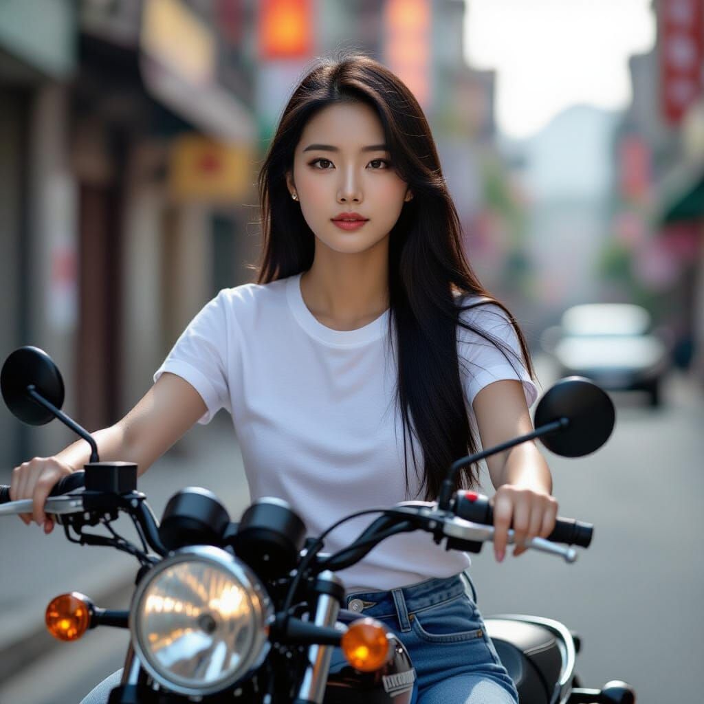 Korean Woman Rides Motorcycle in City Streets