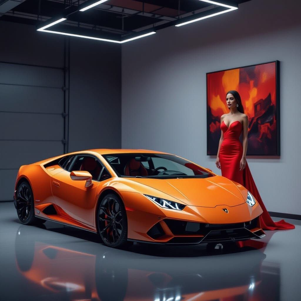 Pearl Orange Lamborghini Huracan in Luxury Garage with Woman