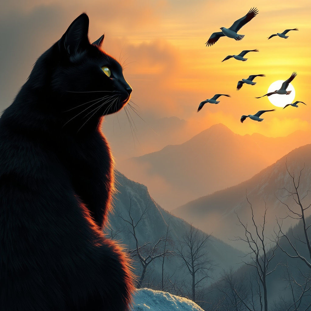 Black Cat Watches Cranes Soar in Winter Sunset
