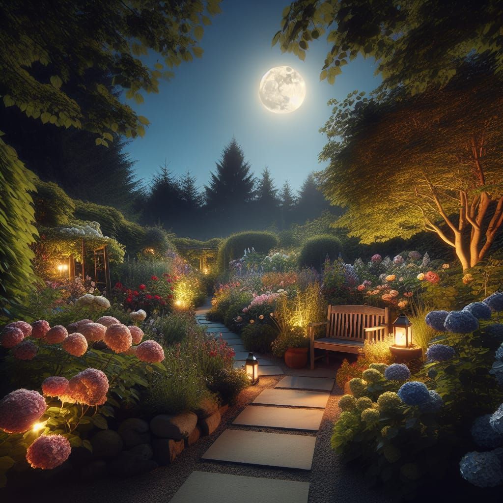 Moonlit Garden at Night: Serene Floral Landscape
