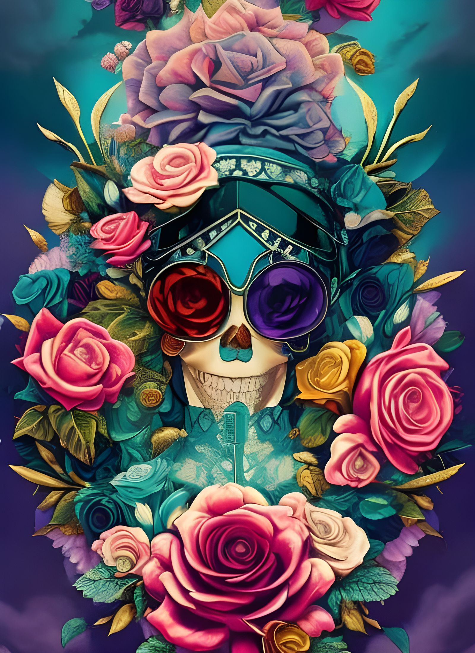 Stained Glass Rose with Exploding Skulls