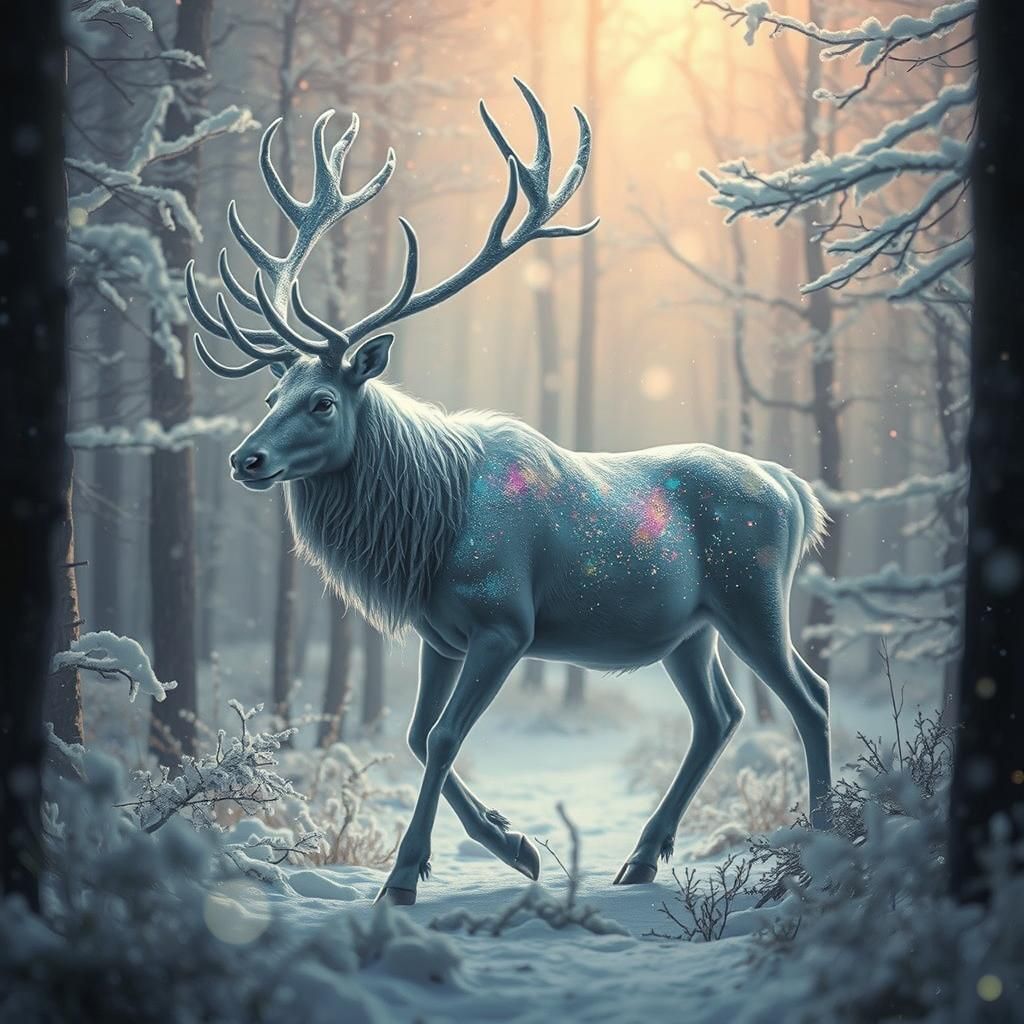 Iridescent Ice Elk in Enchanted Forest, Cinematic Lighting