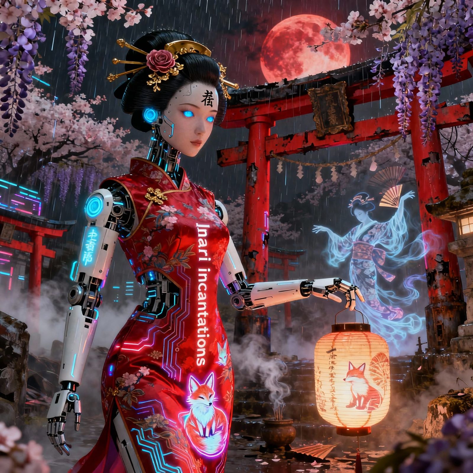 Neo-Edo Robot in Cyberpunk Shinto Shrine