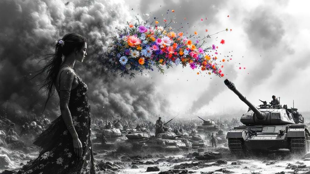 Artist Stops Tank With Flowers, Russ Mills Style