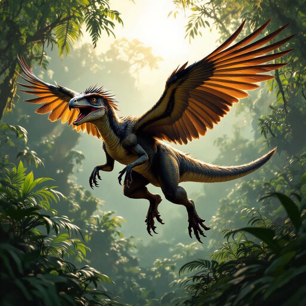 Velociraptor with Feathered Wings in Flight