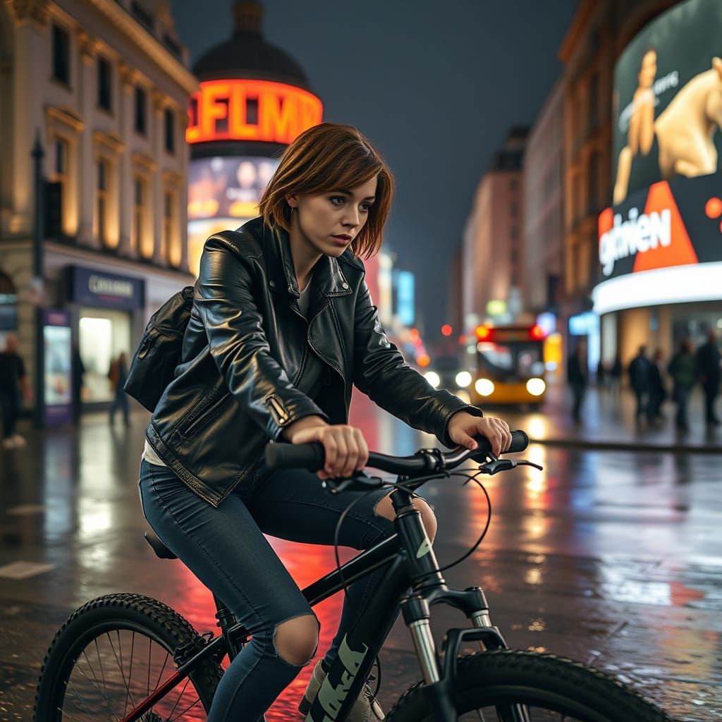 Woman Rides Bike Through Rainy Piccadilly Circus