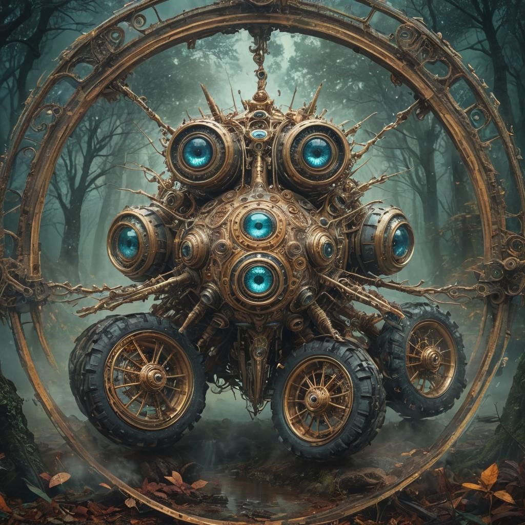 Ezekiel's Vision: Surreal Wheels in Mystical Digital Art