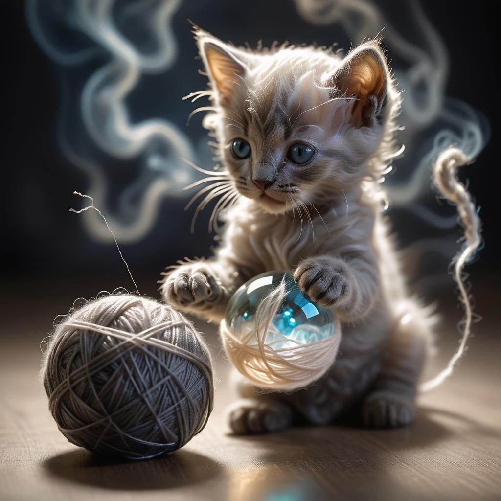 Ethereal Glass Kitten Playing with Wool