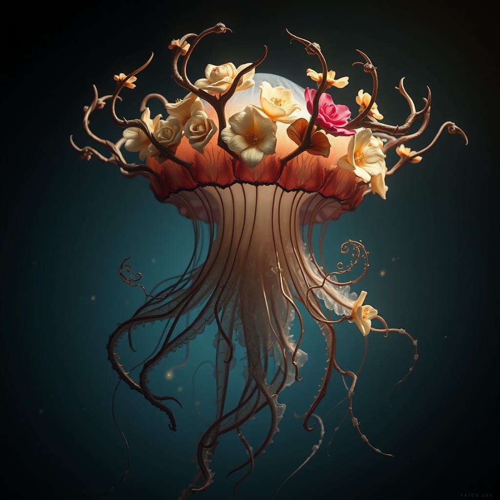 Gothic Jellyfish with Flower Antlers in Dark Fantasy Style