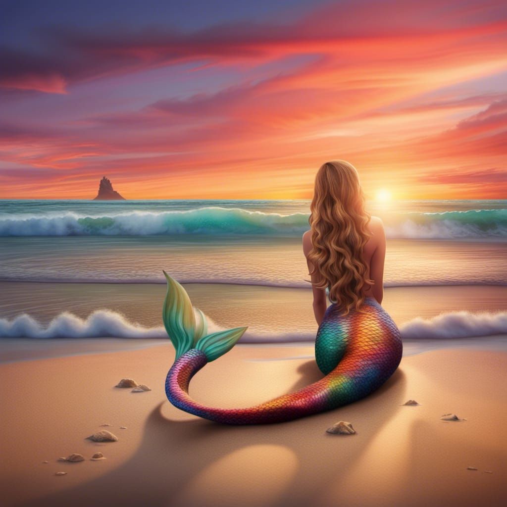 Colorful Mermaid at Sunset on the Beach