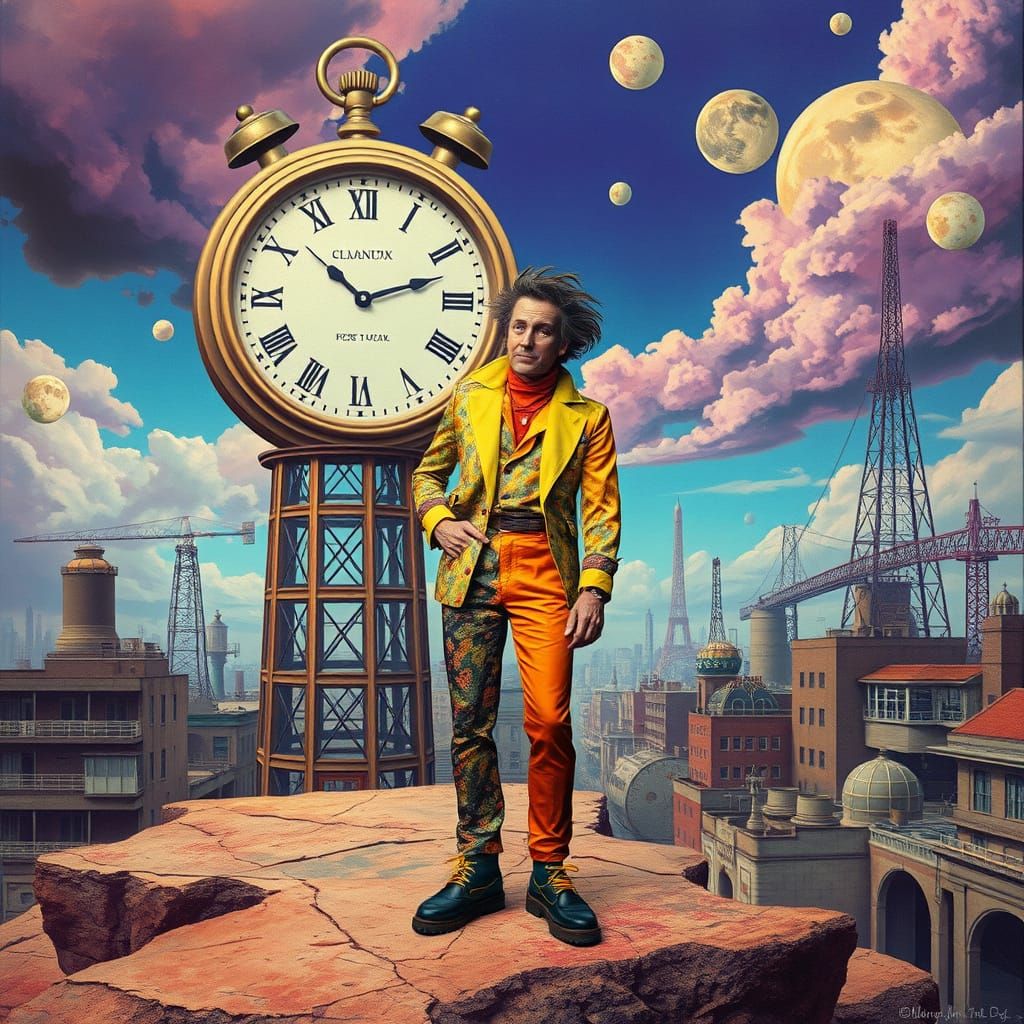 Surreal Man in Dreamlike Retro Cityscape