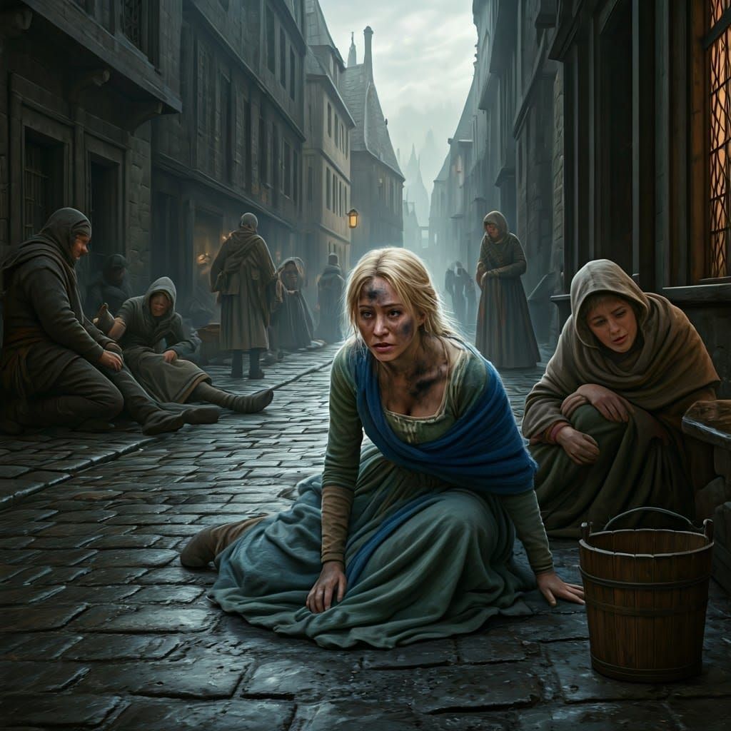 Exhausted Medieval Woman Collapses Amidst Ash and Soot