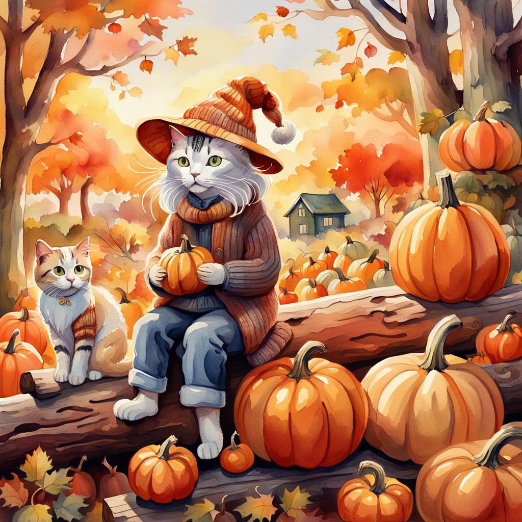 Charming Cat in Watercolor Illustration, Autumn Scene