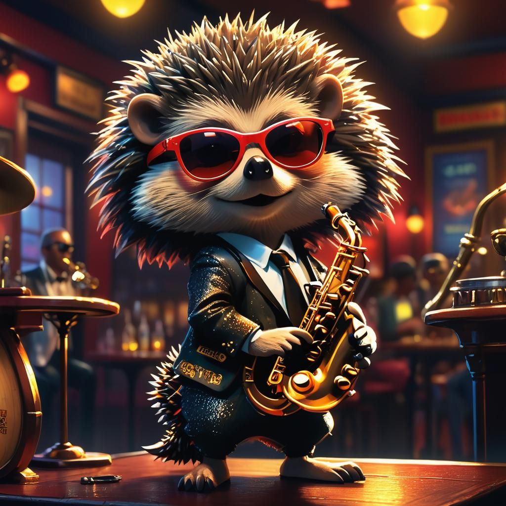 Chibi Hedgehog Saxophone Player in New Orleans Bar