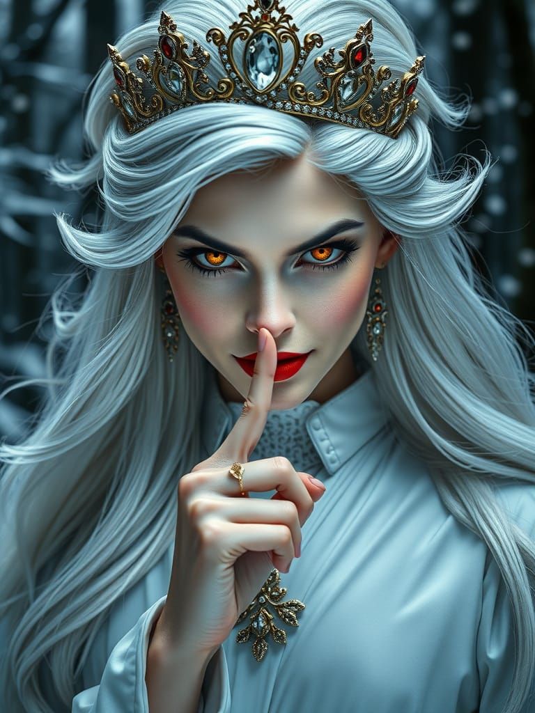 Regal Vampire Queen with White Hair and Evil Smile