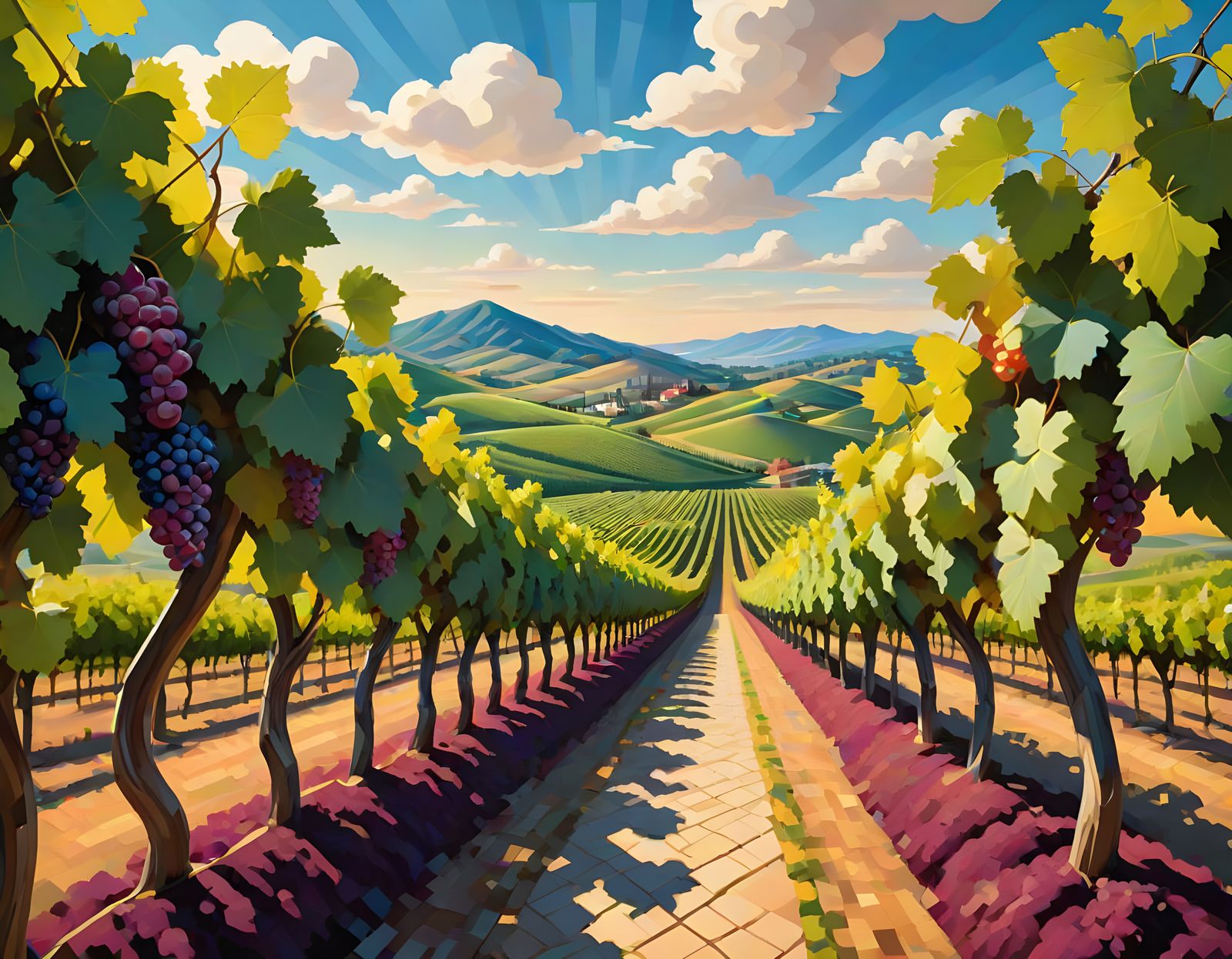 Surreal Vineyard Landscape with Glowing Grapes and Art Deco ...
