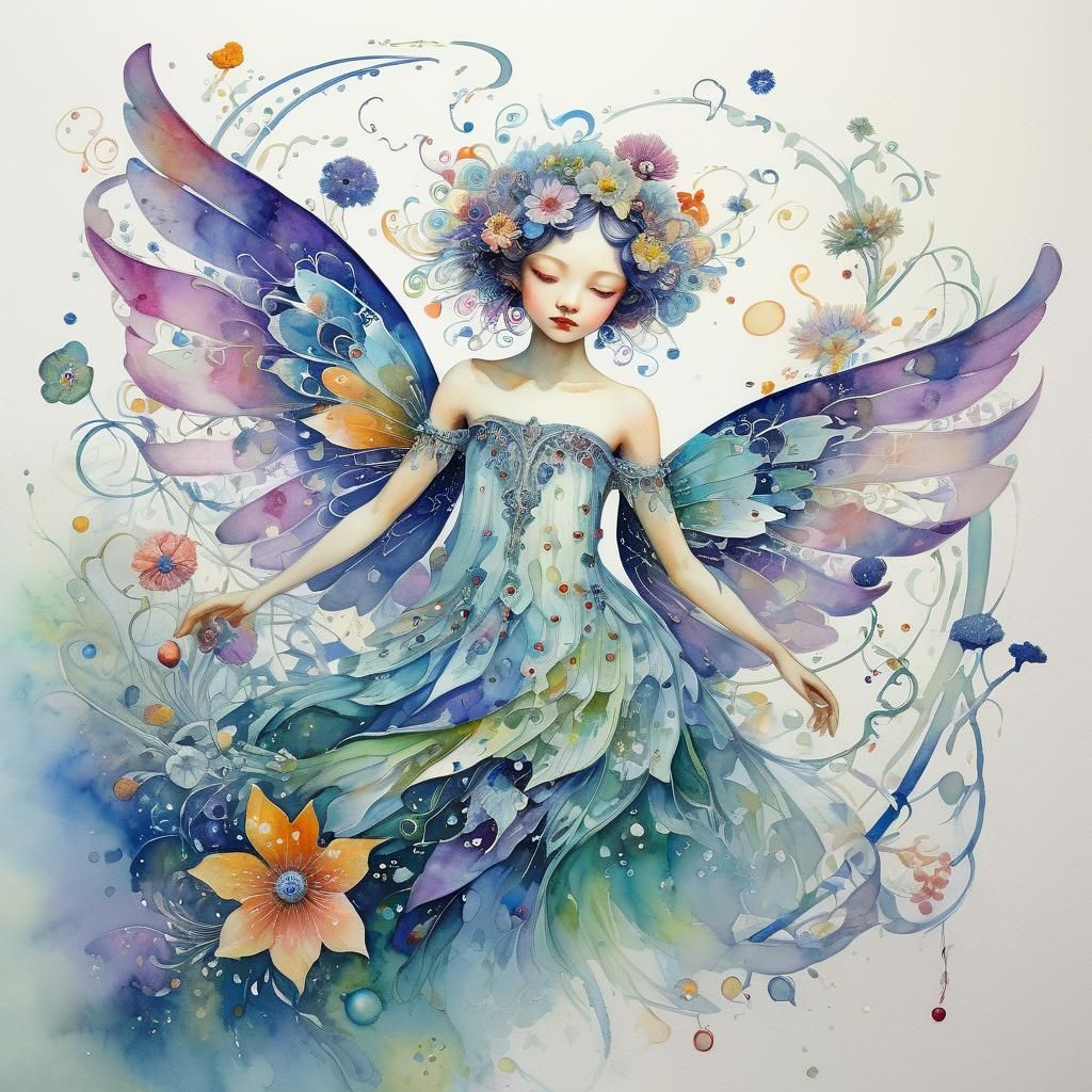 Watercolor Fairy Flower with Flower Wings