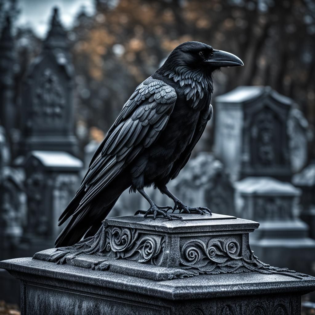 Moody Crow Perched on Headstone in Cemetery