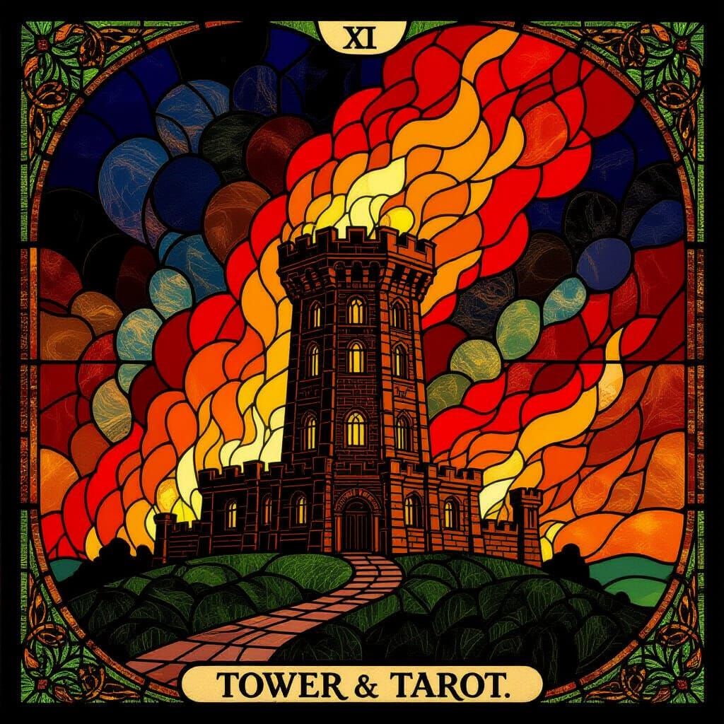 The Tower Tarot Card in Fiery Tiffany Stained Glass Style