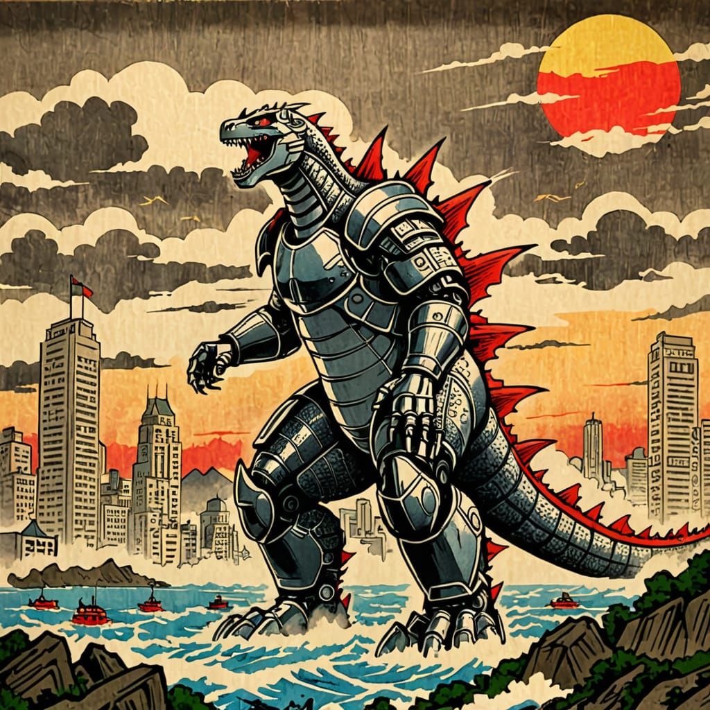 Mechagodzilla Rampage: Ukiyo-e Japanese Ink Art
