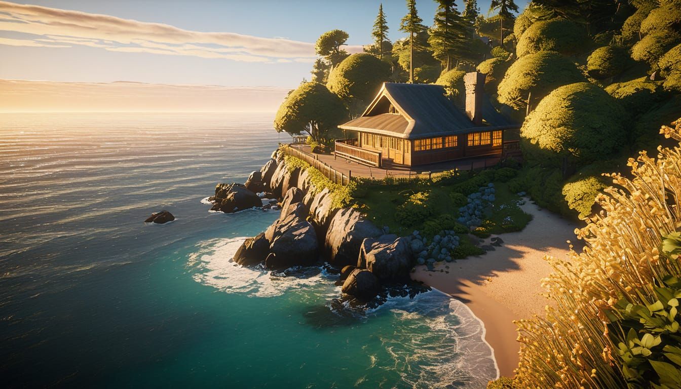 Secluded Cabin on Cliff in Impressionistic Style