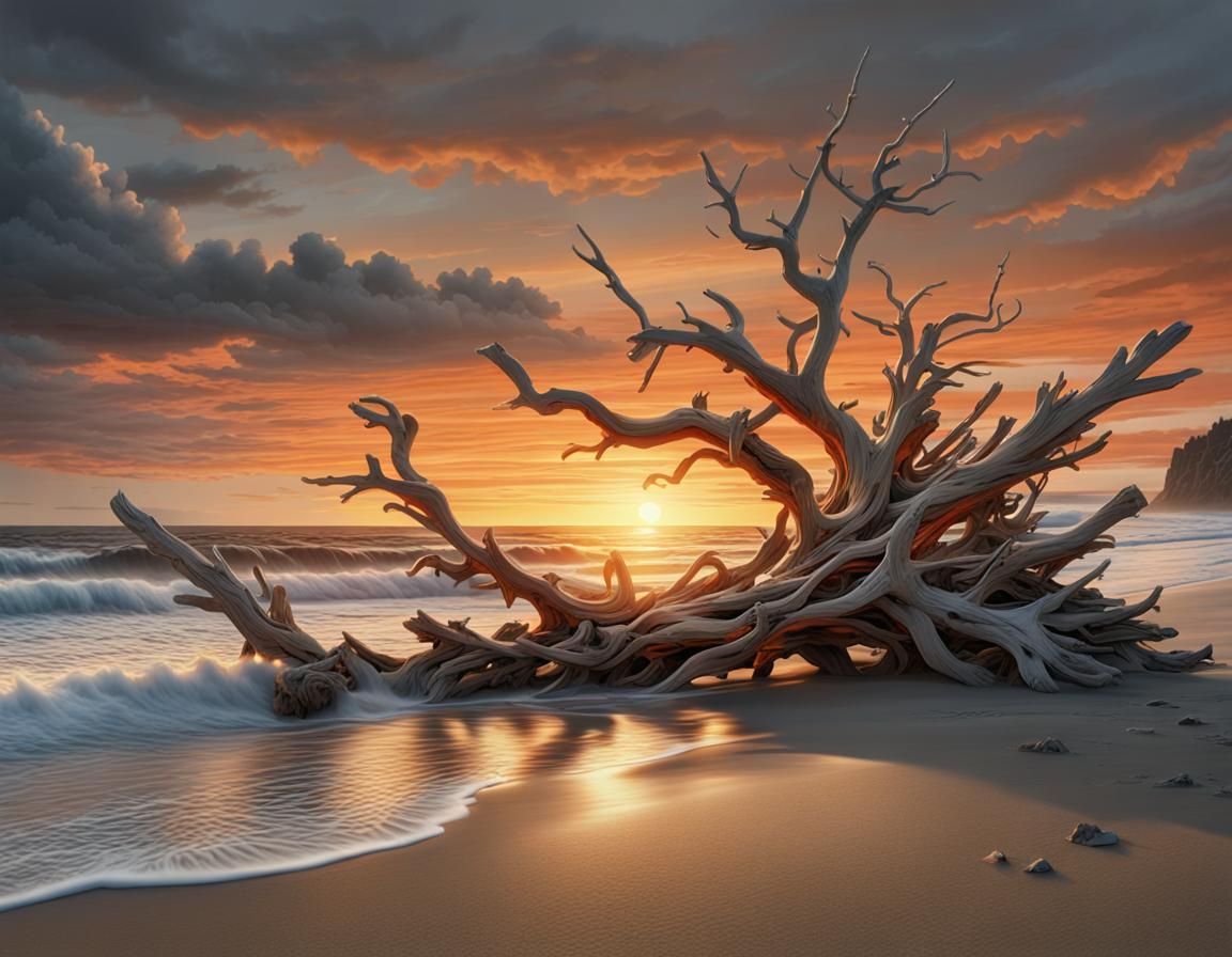 Beach Sunset with Driftwood in Japanese Art Style