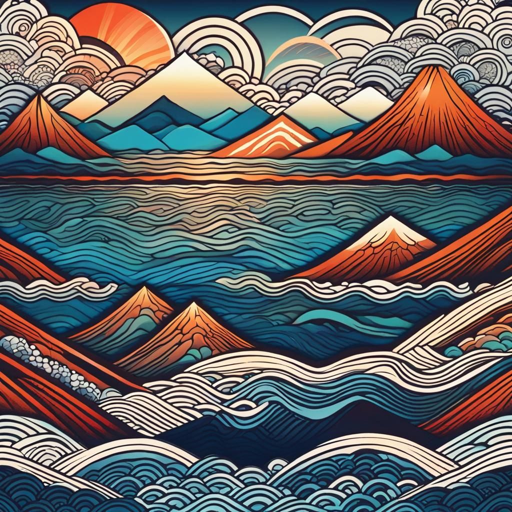 Evening Afterglow: Japanese Woodblock Print of Mountains and...