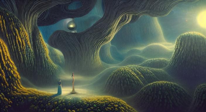 Surreal Game World with Mystical Figure