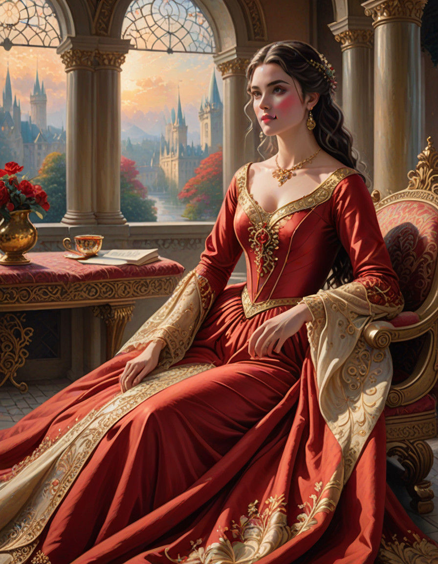 Ethereal Noble Lady in Regal Red and Gold Attire