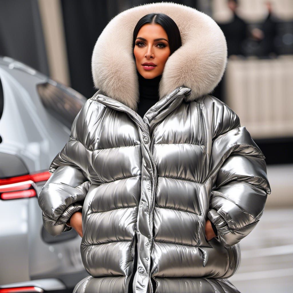 Woman in Oversized Red Puffer Jacket, Hyperrealistic Art