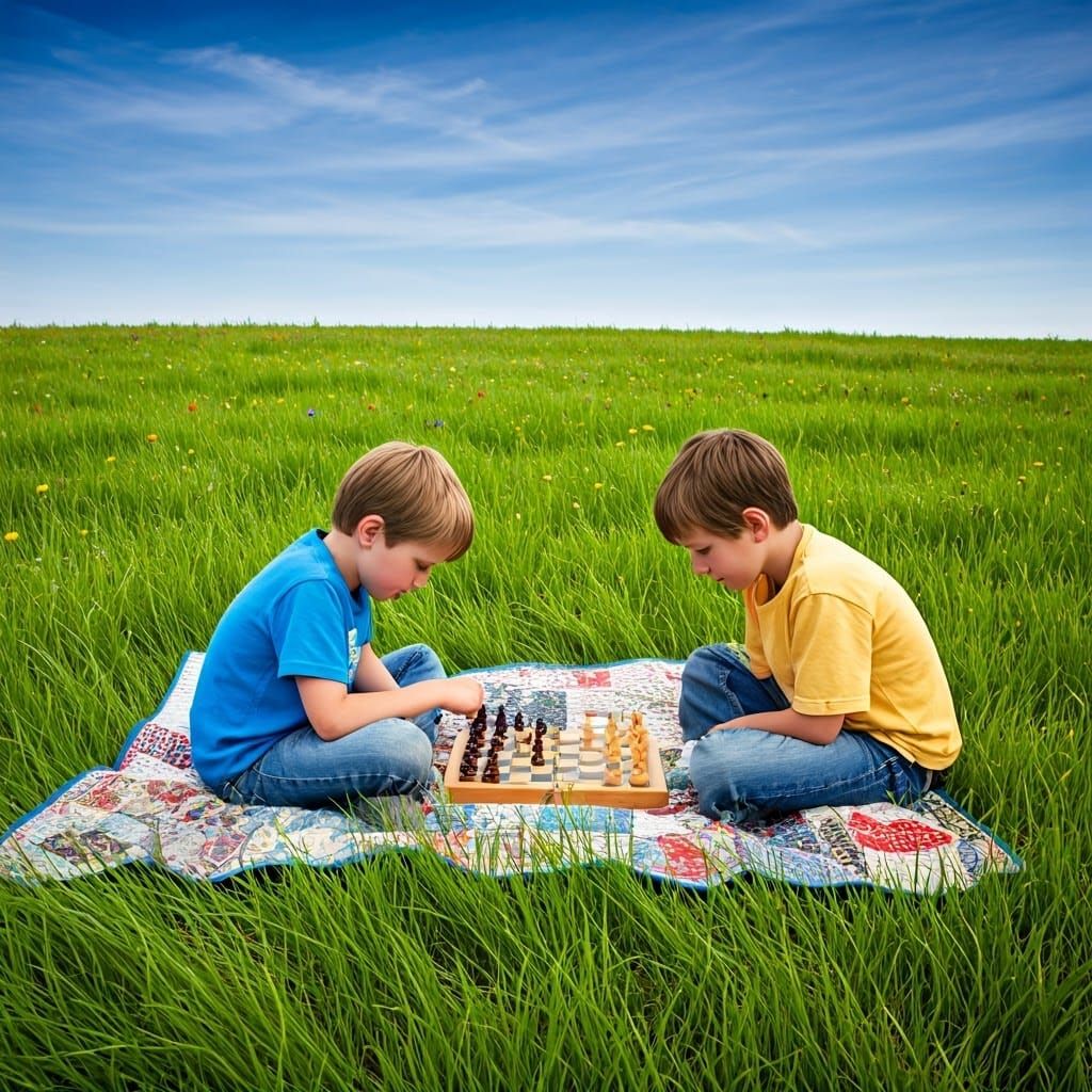 Two Young Friends Engage in Chess on a Vibrant Summer Aftern...