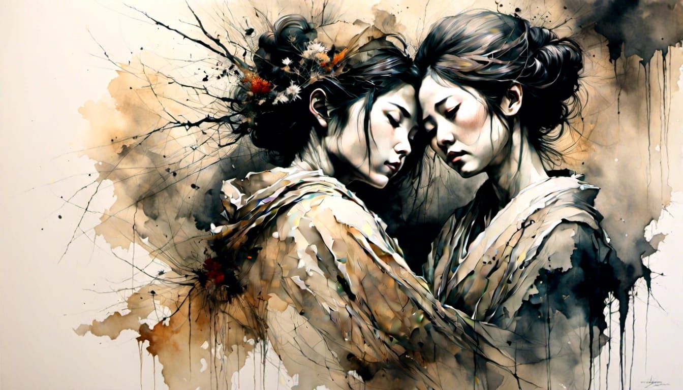 Japanese Lesbian Couple Embracing: Ink Wash Painting