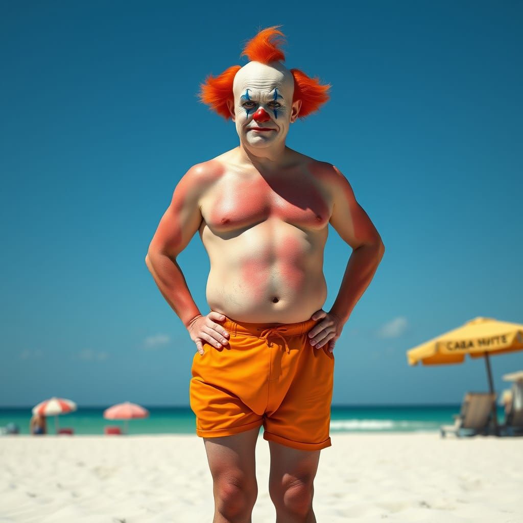 Sunburned Clown on Beach in Gothic Whimsy Style