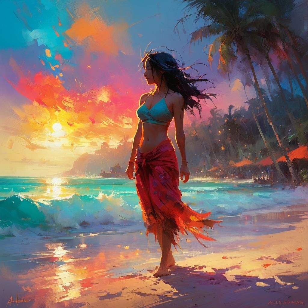 Tropical Beach Scene in Bright Fantasy Style