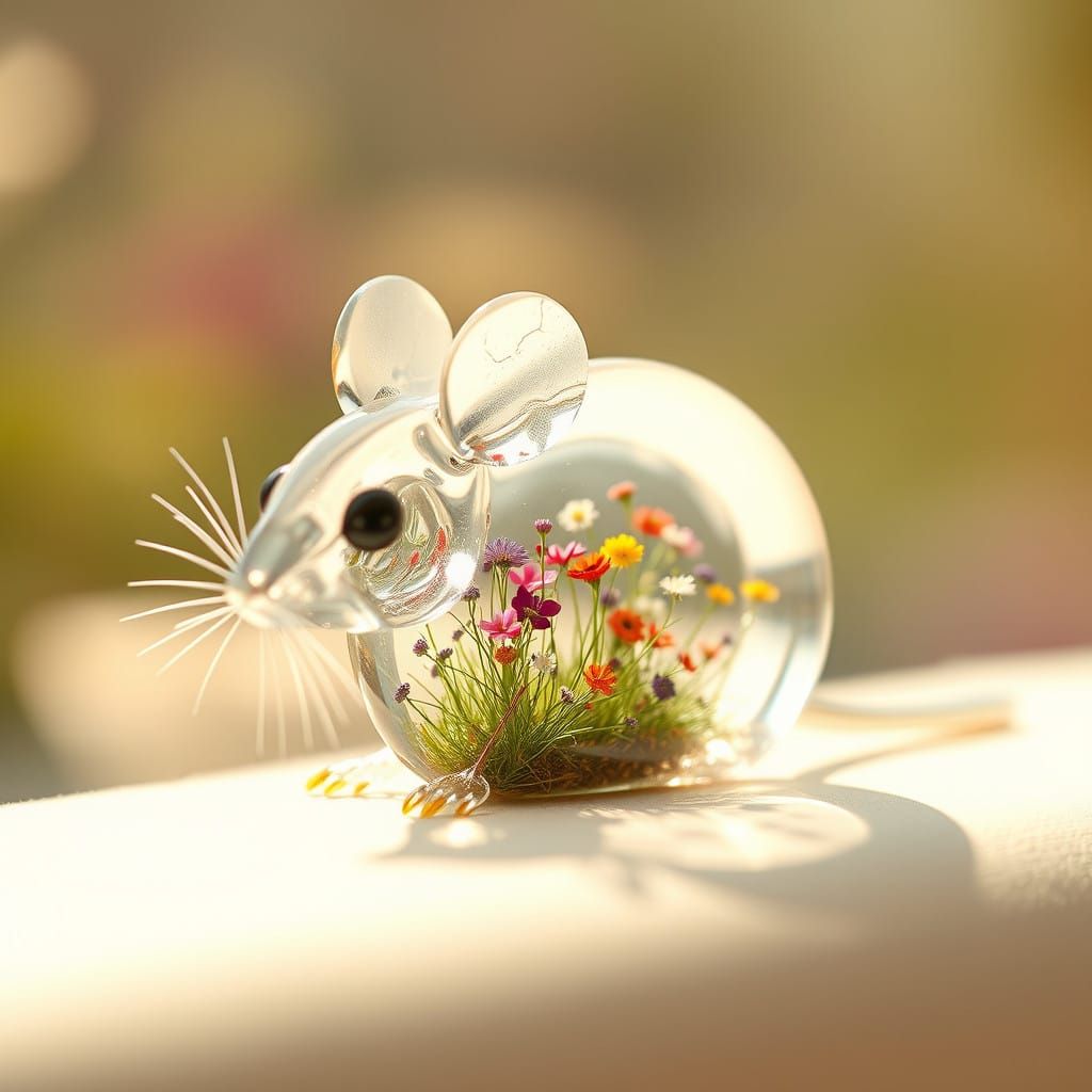 Delicate Glass Mouse Sculpture with Dreamlike Miniature Flow...