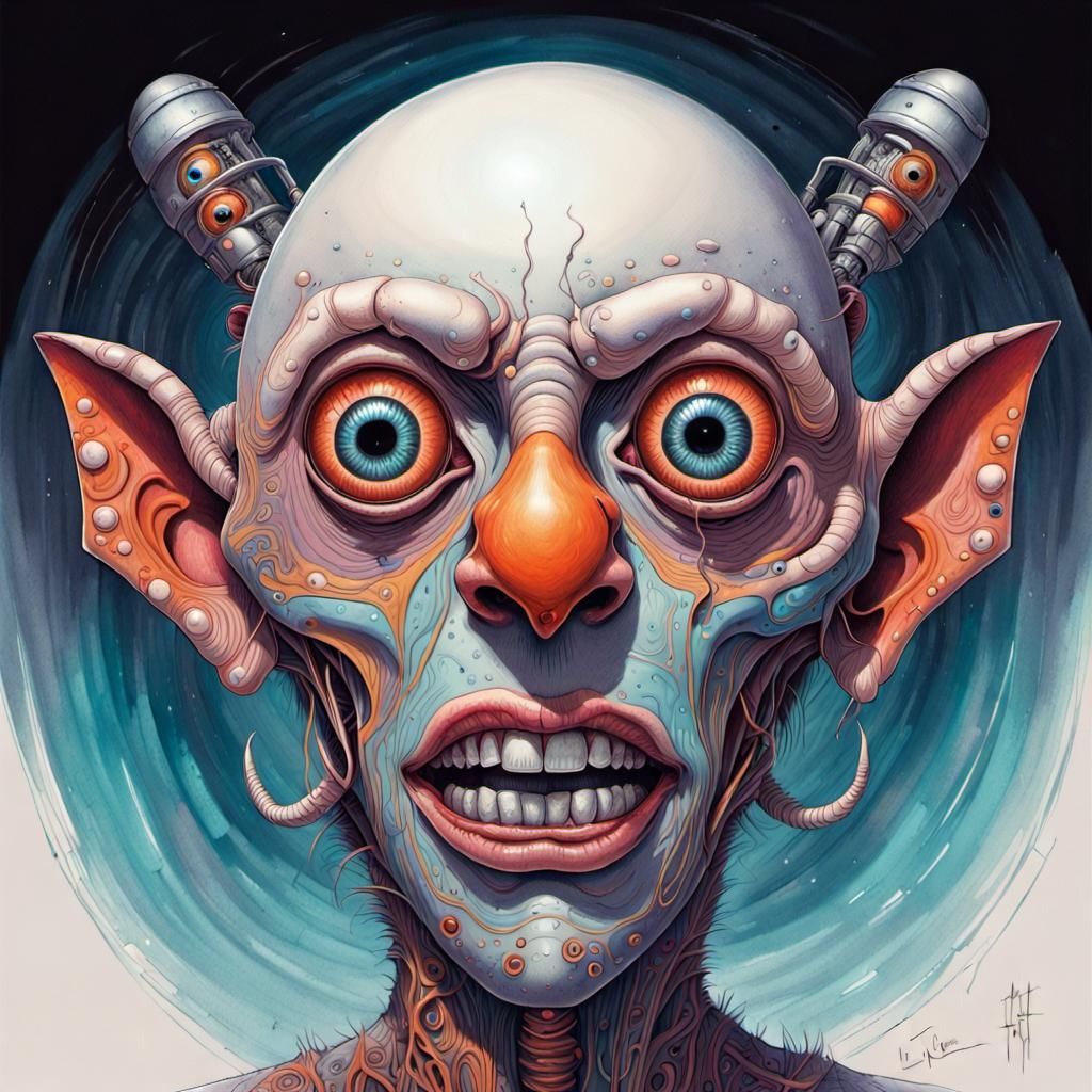 Grotesque Sci-Fi Horror Face: Detailed Pen Drawing