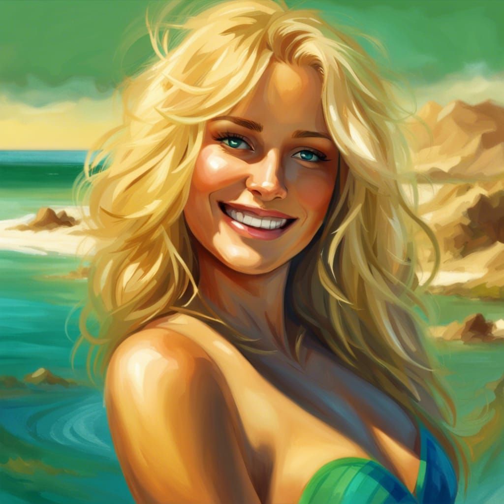 Blonde Woman with Green Eyes and Blue Bikini