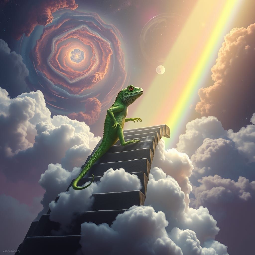 Lizard Ascends Cloud Staircase in Fantasy Art